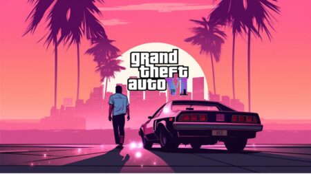 Un personaggio di GTA 6 con una macchina al fianco ed il logo del gioco in risalto