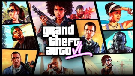 GTA 6, i personaggi invecchieranno come nella vita reale, per un rumor Il logo di GTA 6 con sullo sfondo dei personaggi