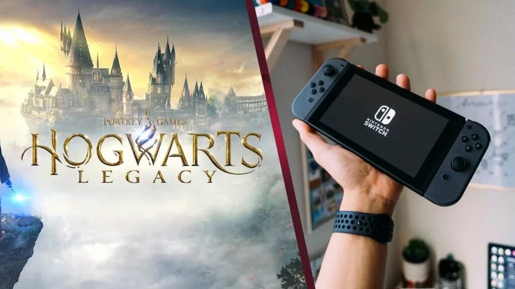 Il logo di Hogwarts Legacy con al fianco una Nintendo Switch