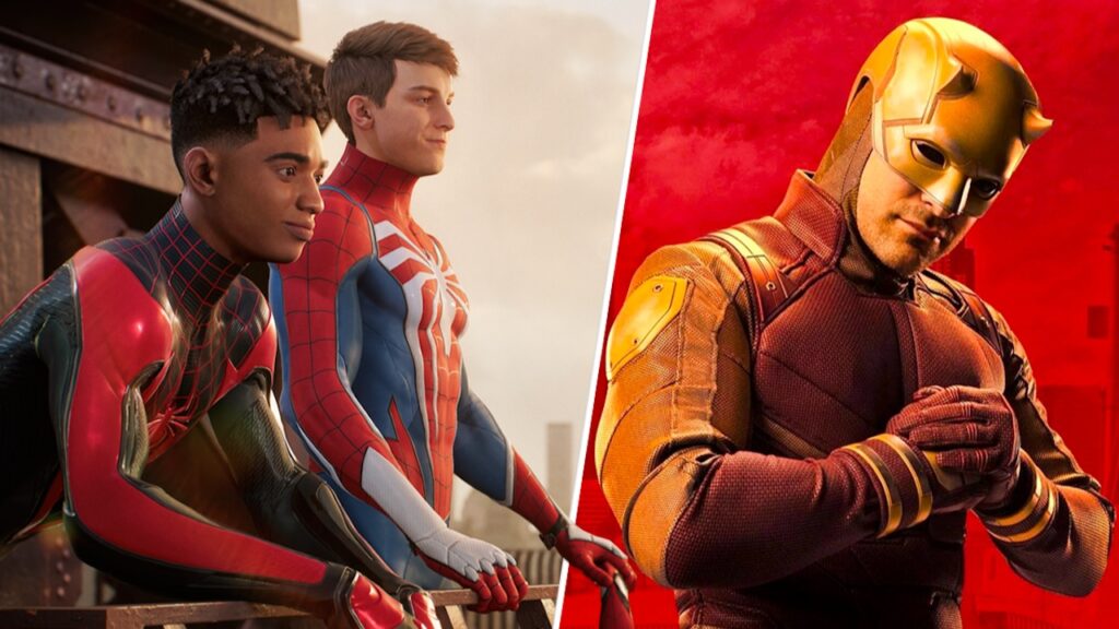 Miles Morales e Peter Parker di Marvel's Spider-Man 2 con al fianco Daredevil