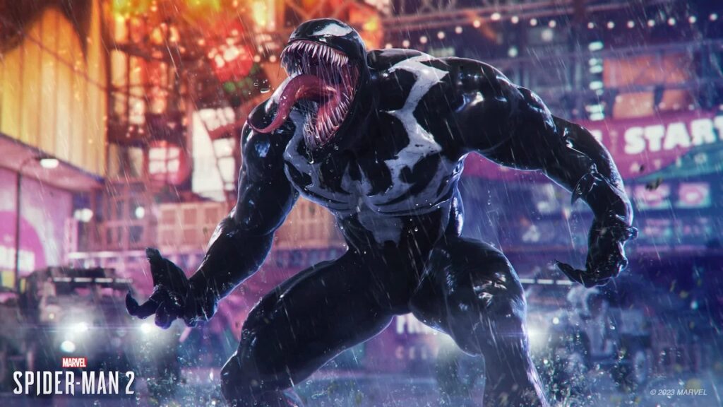 Venom di Marvel's Spider-Man 2 mentre urla sotto la pioggia