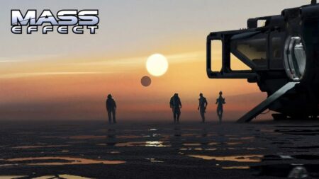 Quattro personaggi di Mass Effect Next con sullo sfondo un tramonto