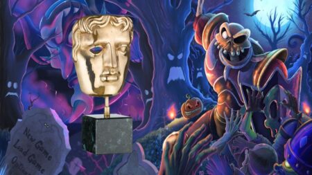 Il protagonista di MediEvil con al fianco una statuetta BAFTA