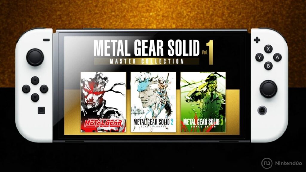 Una Nintendo Switch di colore bianco che riporta sul display le cover di Metal Gear Solid, Metal Gear Solid 2 e Metal Gear Solid 3.