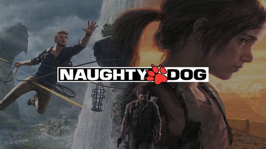 Il logo di Naughty Dog con dietro Natan Drake ed Ellie e Joel