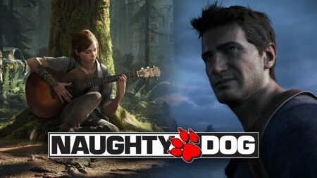 Ellie e Drake con il logo di Naughty Dog in risalto