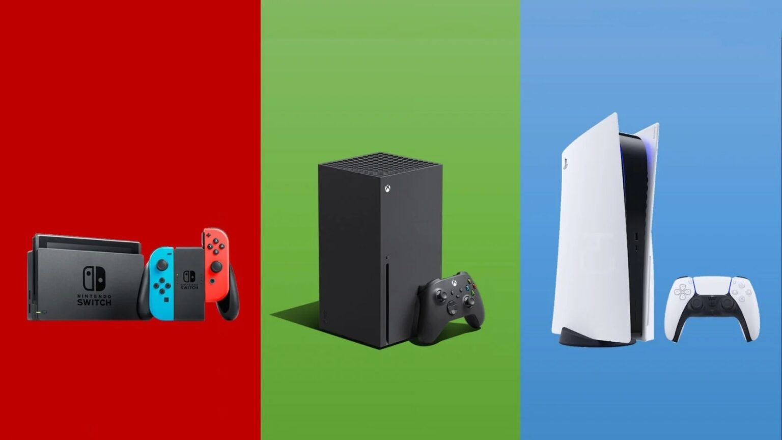 Una Nintendo Switch con al fianco una Xbox Series X ed una PS5