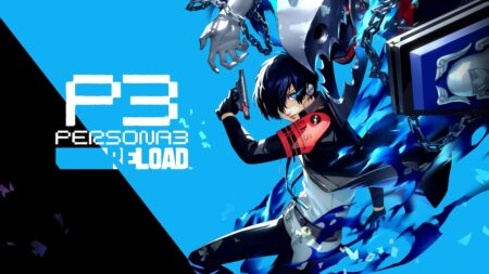 Il protagonista di Persona 3 Reload con uno sfondo nero ed azzurro