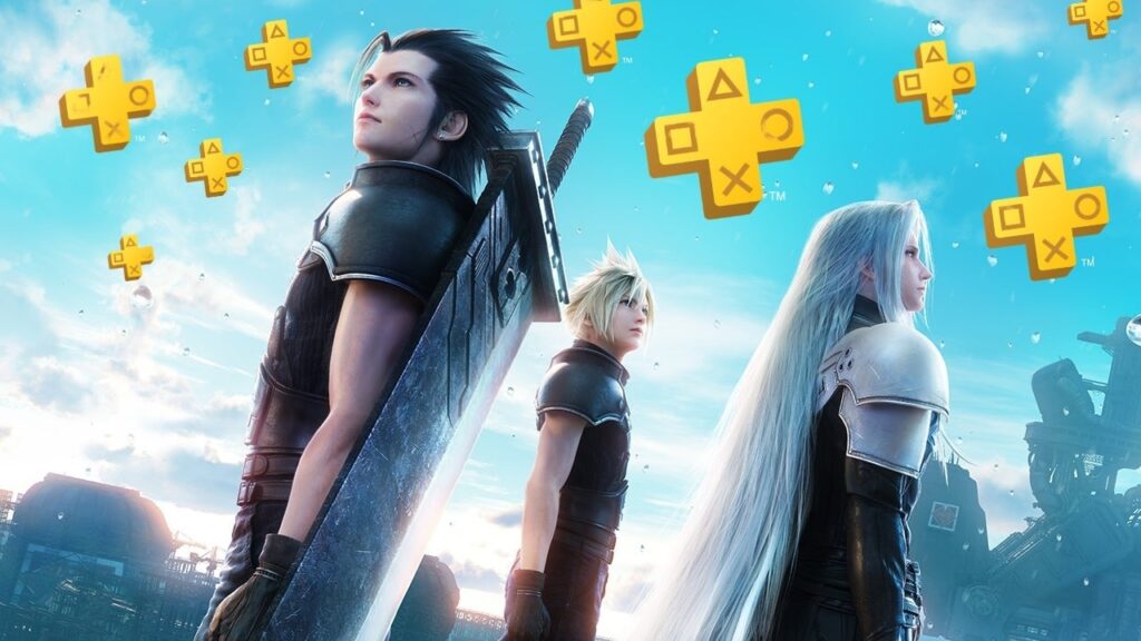 I tre Protagonisti di Final Fantasy 7 con in alto tanti loghi del PlayStation Plus