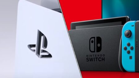 Una PS5 in verticale con al fianco Nintendo Switch