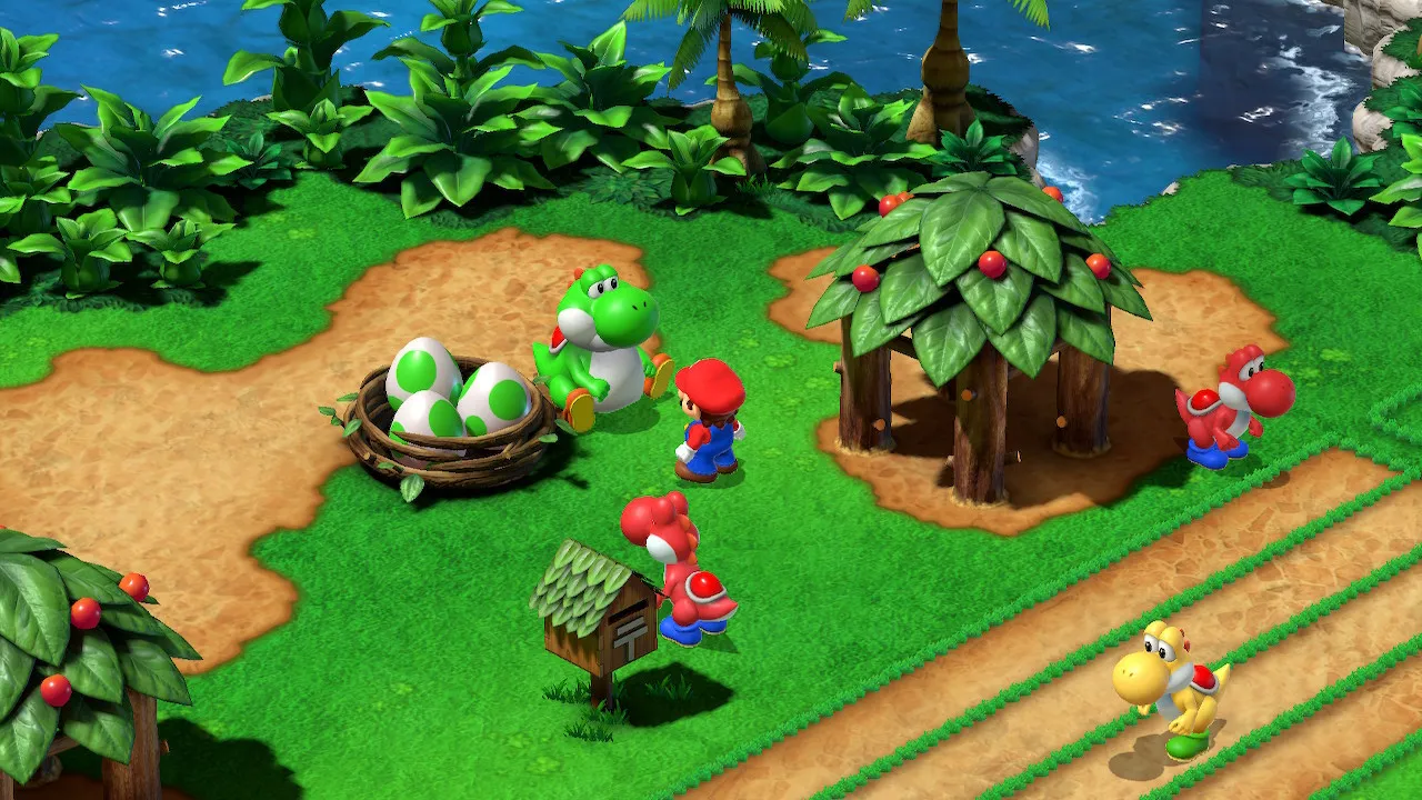Mario visita Yoshi gigante e Yoshi rosso