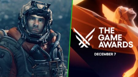 Il protagonista di Starfield con al fianco una statuetta dei The Game Awards 2023