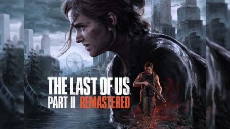 Ellie di The Last of Us Parte 2 Remastered sullo sfondo mentre in basso è presente Abby