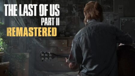 Ellie di The Last of Us Parte 2 Remastered di spalle mentre suona la chitarra