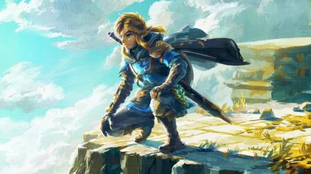 Link di The Legend of Zelda: Tears of the Kingdom su una scogliera