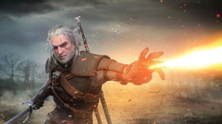 Geralt di Rivia di The Witcher 3: Wild Hunt che spara il fuoco dalle mani