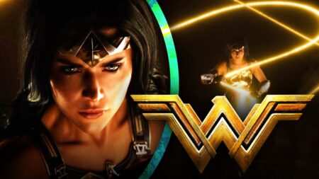 Wonder Woman in primo piano con al fianco il logo