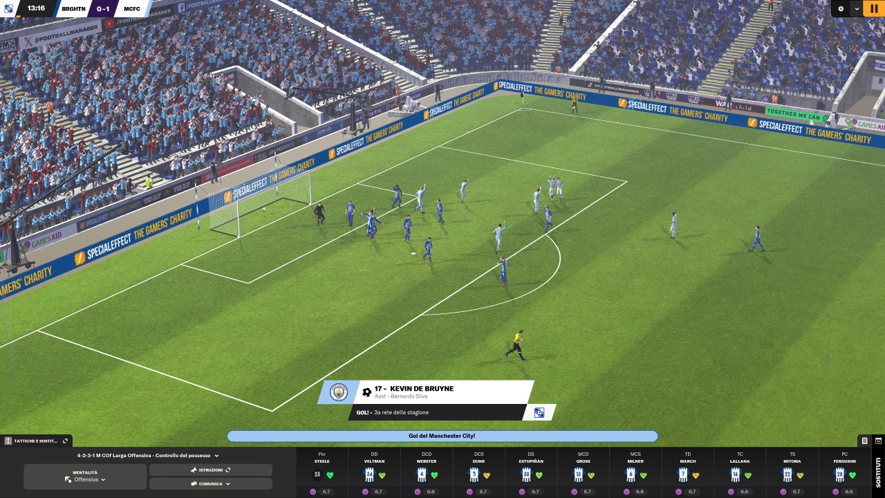 Rappresentazione grafica 3D di una partita di calcio su Football Manager 2024
