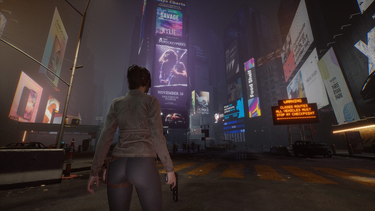 Donna guarda a una città desolata illuminata dai neon di notte, simile a New York