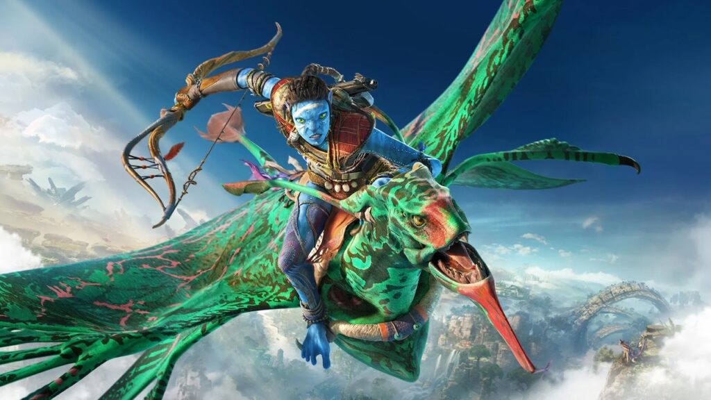 La protagonista di Avatar: Frontiers of Pandora su un animale volante