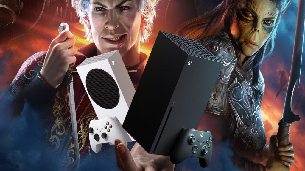 I personaggi principali di Baldur's Gate 3 con una Xbox Series X|S in mano