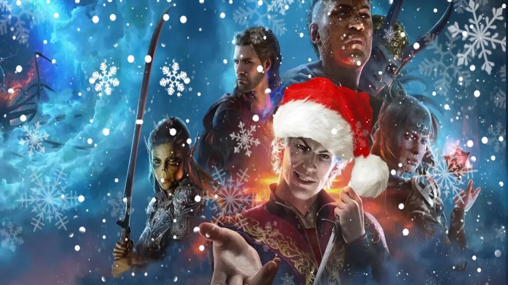 I personaggi principali di Baldur's Gate 3 con il cappello di Natale e la neve
