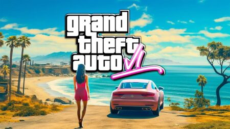 Il logo di GTA 6 con una donna vicino ad un'auto