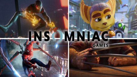 Il logo di Insomniac Games con dietro dei giochi