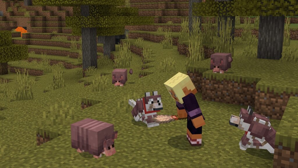 Un personaggio di Minecraft circondato da armadilli e cani