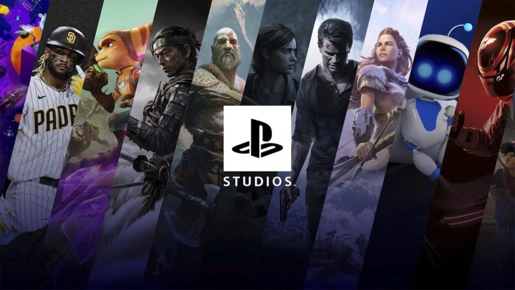 Il logo dei PlayStation Studios con dietro i personaggi dei giochi