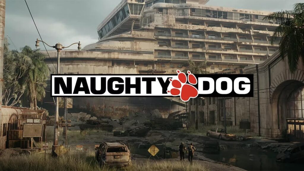 Il logo di Naughty Dog con sullo sfondo i personaggi di The Last of Us Online