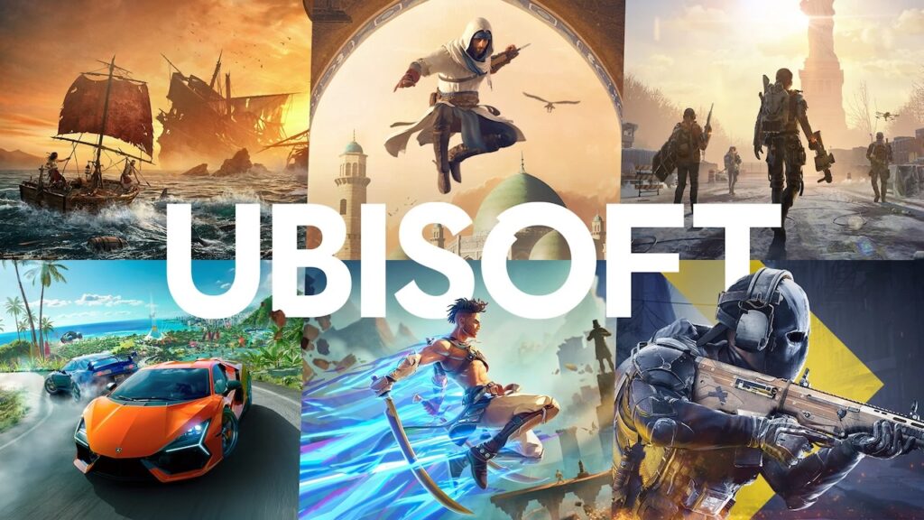 Il logo di Ubisoft con dietro dei giochi della società