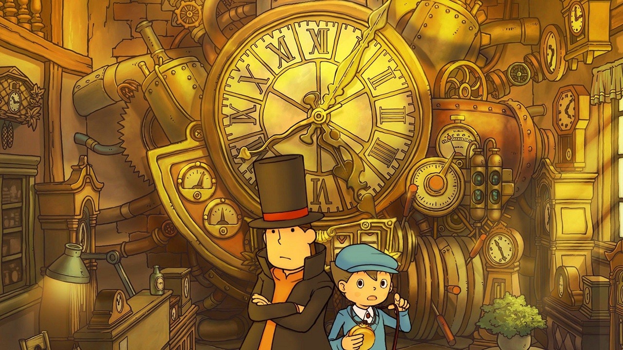 Layton e il suo assistente davanti a un grande orologio giallo