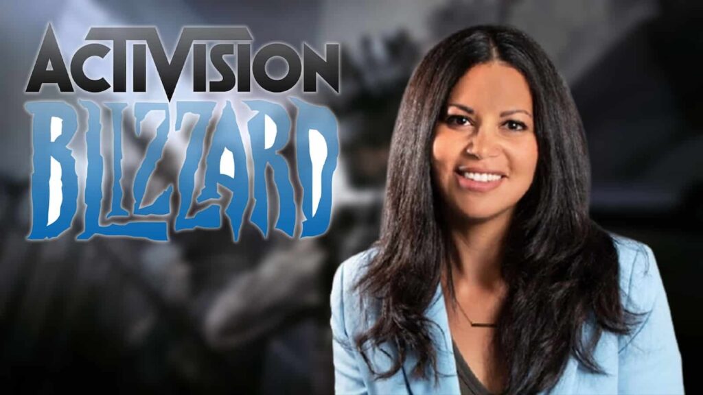 Il logo di Blizzard con al fianco Johanna Faries