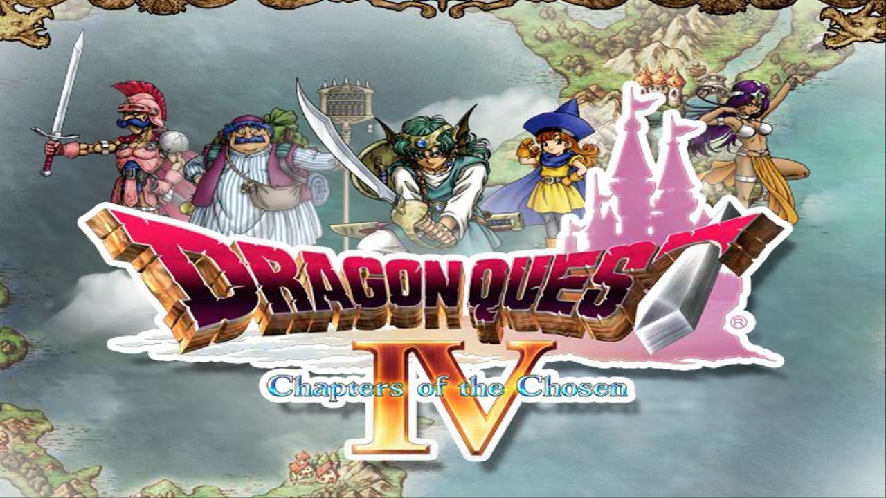 personaggi di dragon quest 4 con il logo del gioco