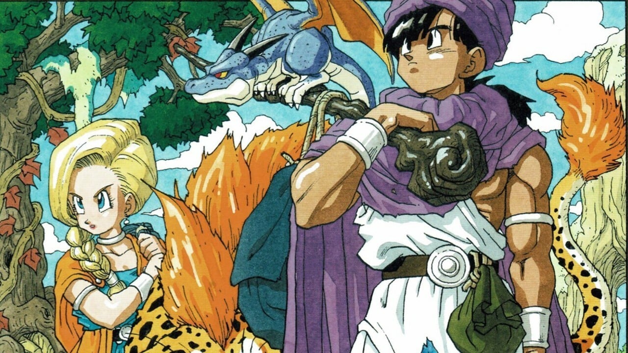 I personaggi di Dragon Quest 5 con un drago che guardano in una direzione