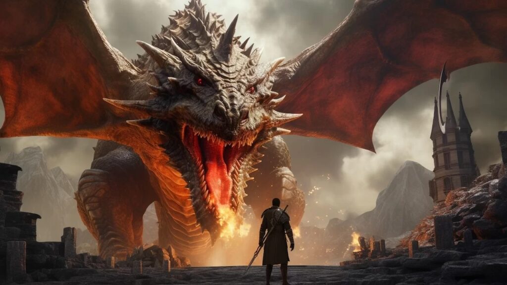 Un personaggio di Dragon's Dogma 2 con davanti un drago