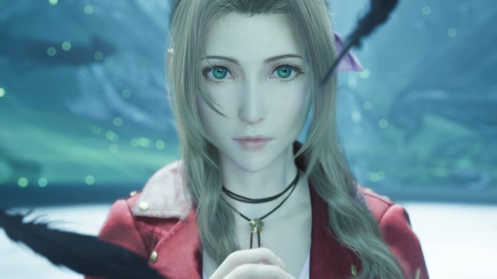Aerith di Final Fantasy 7 Rebirth in primo piano con delle piume nere che cadono dal cielo
