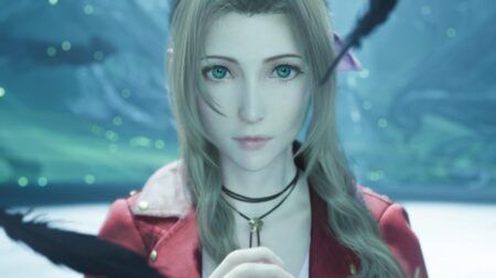 Aerith di Final Fantasy 7 Rebirth in primo piano con delle piume nere che cadono dal cielo