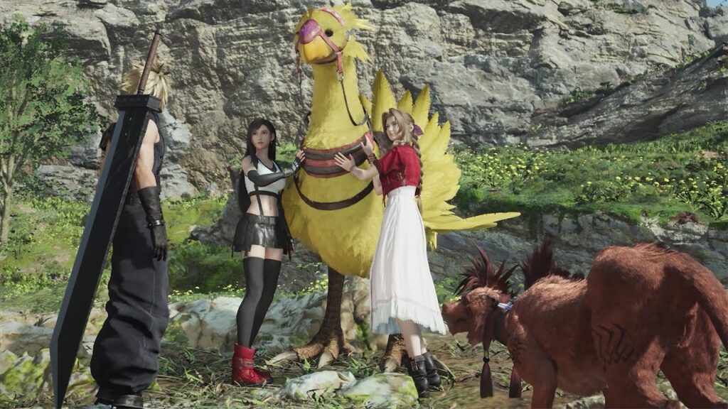 Cloud con Tifa ed Aerith mentre accarezzano un Chocobo di Final Fantasy 7 Rebirth