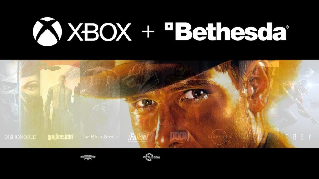 Indiana Jones in primo piano con il logo di Xbox e Bethesda