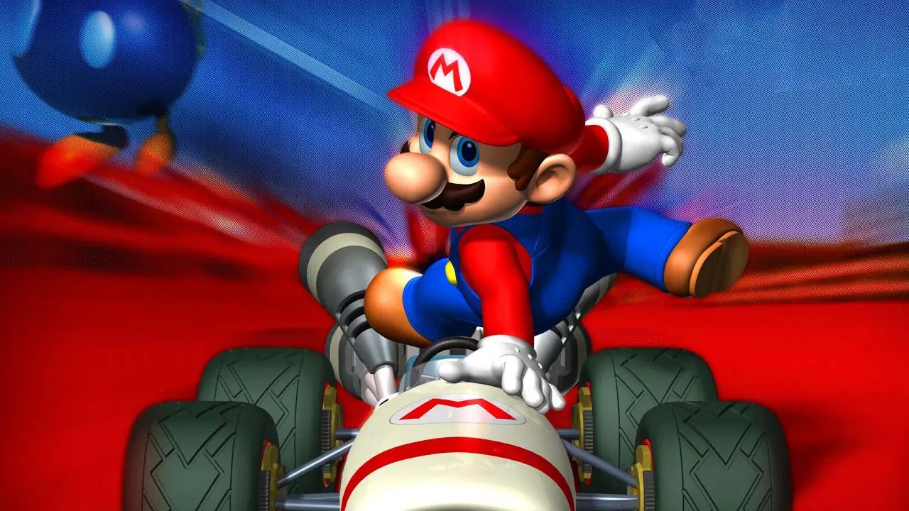 Mario guida un kart e lancia una bomba