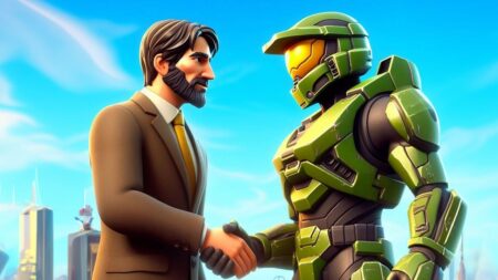 Un personaggio di Fortnite che dà la mano a Master Chief