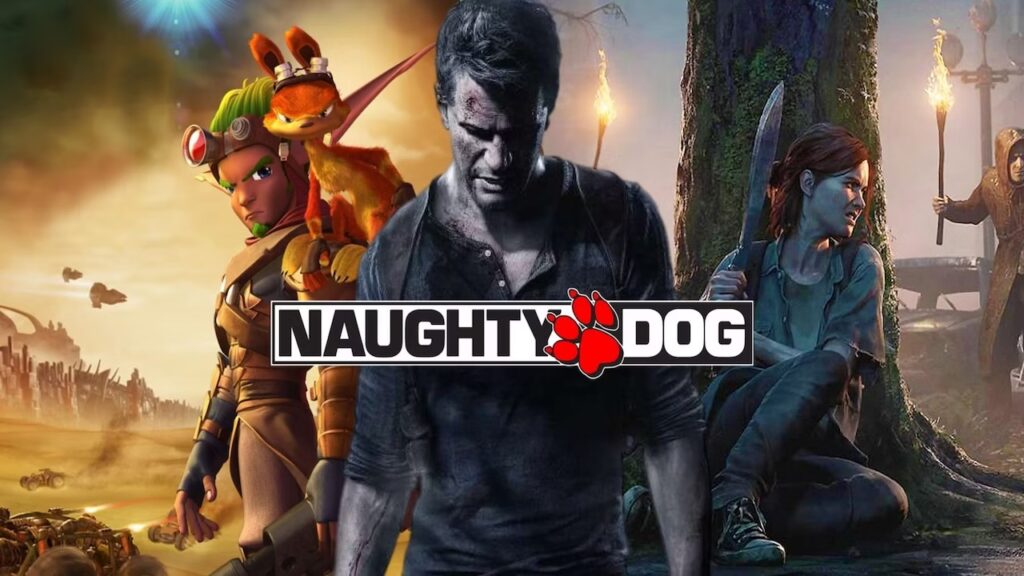 Il logo di Naughty Dog con tre personaggi iconici del team