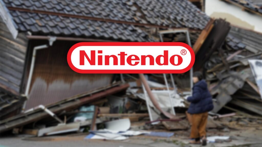 Il logo di Nintendo sopra un'immagine del terremoto in Giappone