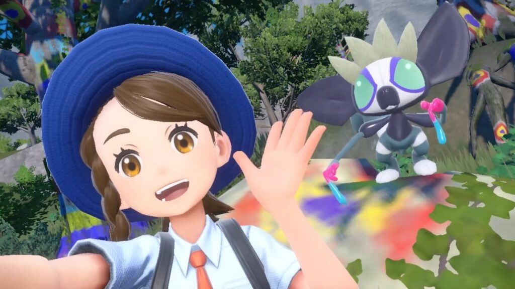 La protagonista di Scarlatto e Violetto, di The Pokémon Company, che si fa un selfie con un Grafaiai