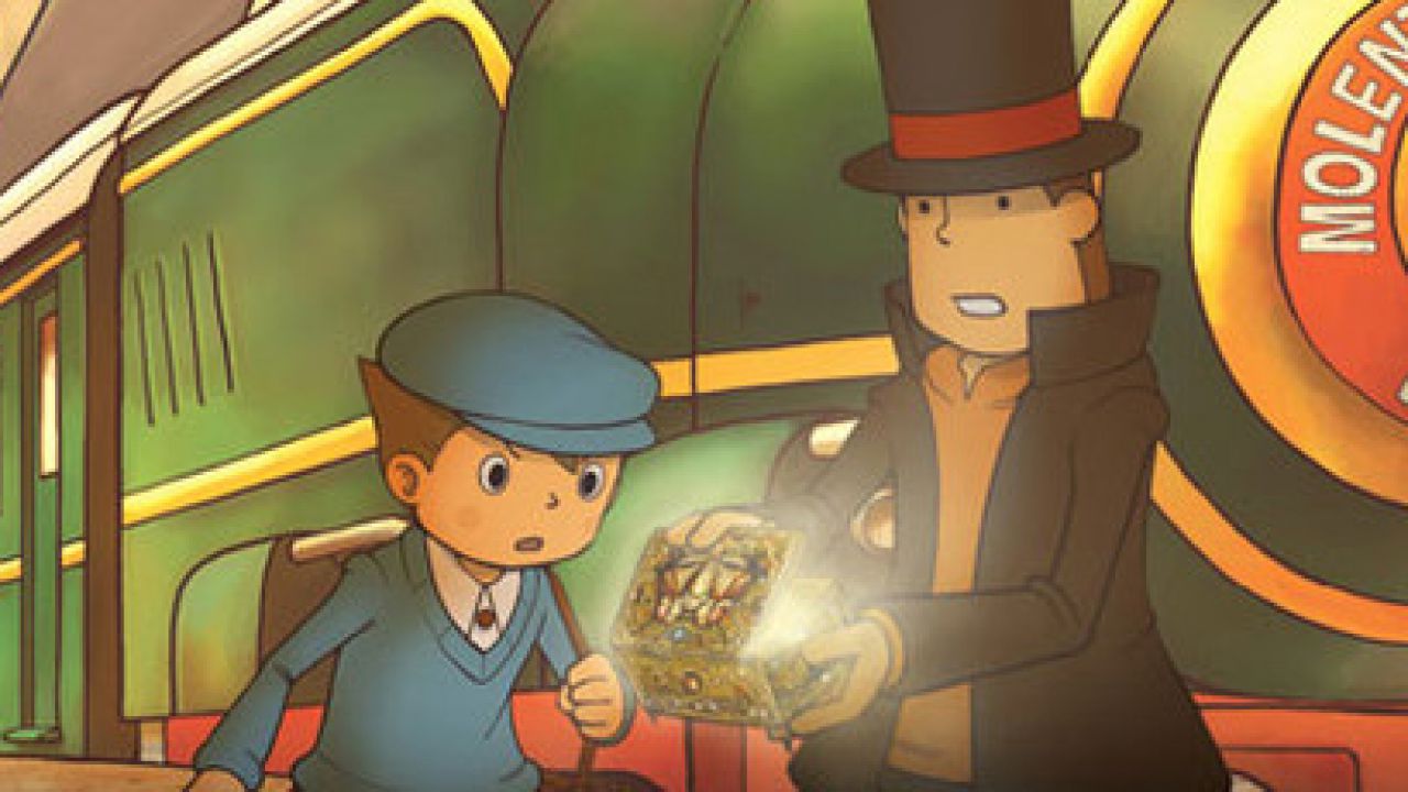 Layton e il suo assistente aprono uno scrigno d'oro davanti a un treno