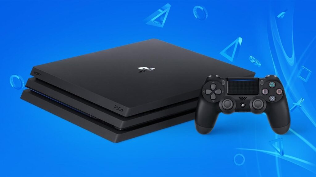 Una PS4 Pro in orizzontale su uno sfondo azzurro