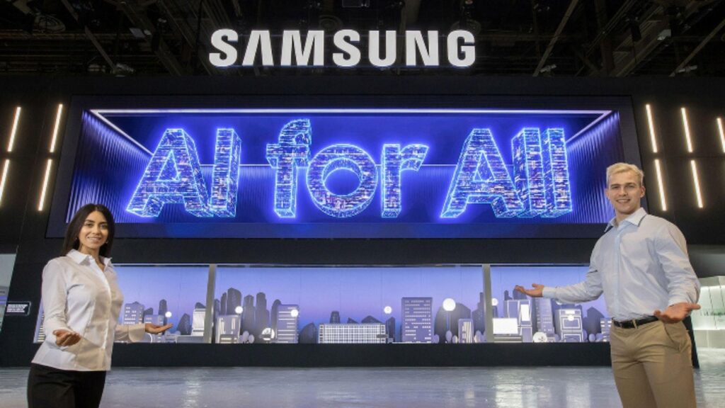 Il logo di Samsung AI for All con due dipendenti