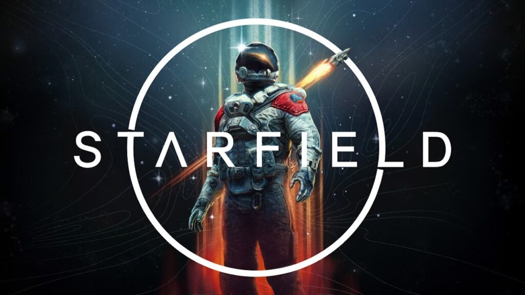 Il logo di Starfield con all'interno il protagonista del gioco